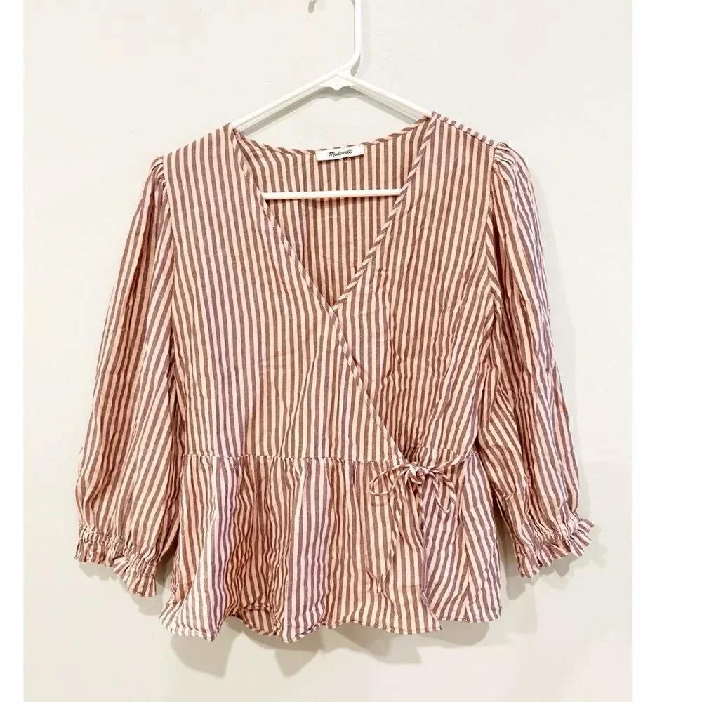 Madewell puff sleeve peplum wrap top stripe sweet tulip
